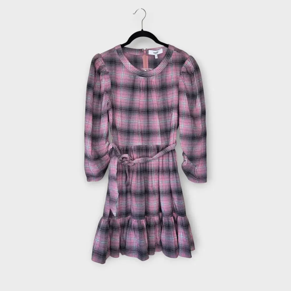 NEW LIKELY Griffyn Pink Plaid Mini Dress Tie Waist Ruffle Hem Women's 8